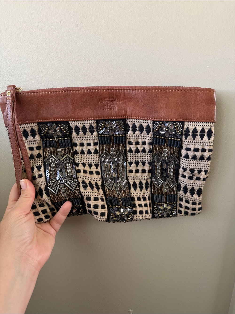 Abercrombie & Fitch Beaded Canvas Wristlet in Brown and Black